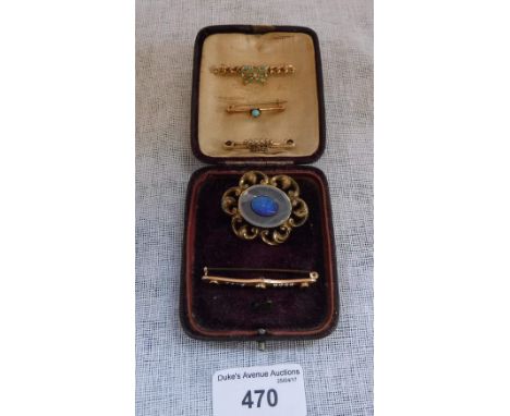 A TURQUOISE AND SEED PEARL RIBBON-TIE BAR BROOCH, a Victorian tilt metal and opal triplet target brooch and three other bar b