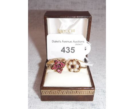 A RUBY FLOWERHEAD CLUSTER RING, to a 9ct yellow gold shank and a garnet and cultured peal ring (2)