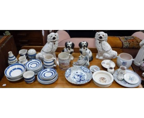 TWO PAIRS OF STAFFORDSHIRE DOGS,  a collection of blue banded Cornish ware, Poole pottery and similar ceramics