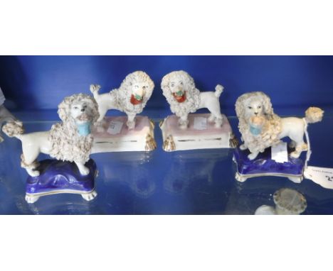 TWO PAIRS OF 19TH CENTURY POODLE ORNAMENTS, on pink and blue cushion bases