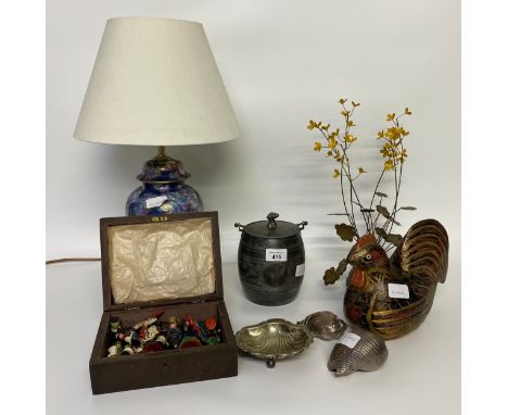 A selection of collectables; silver plated biscuit barrel, a vintage chess set house scene box &amp; oriental table lamp 