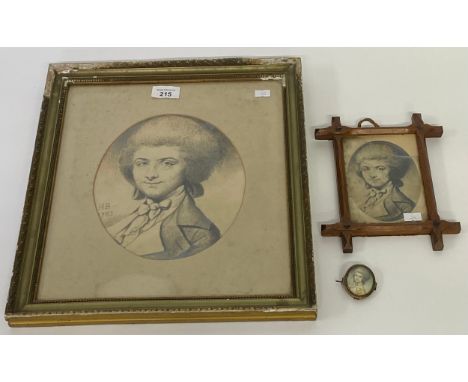An 18th century portrait of a Gentleman initials HB dated 1783 with matching small portrait &amp; Mourning brooch with hand p