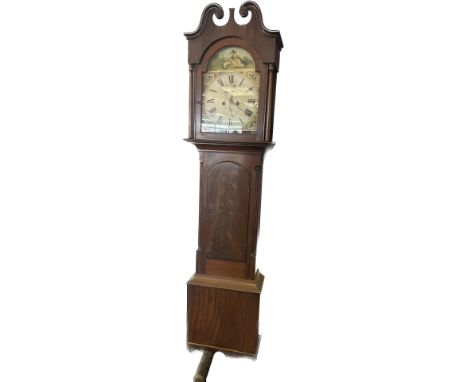A 19th century Mahogany long case grandfather clock; panel painted dial. comes with pendulum and two weights. [208cm high] 