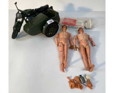 Two 1964 Action Man figures with spare parts and Vintage Palitoy Action Man Side-Car Motorcycle 