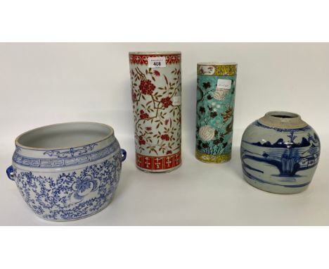 A collection of antique Chinese vases; A 19th century oriental vase of cylindrical form with polychrome painted dragon and fl