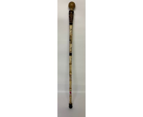 A 20th century Chinese Bone carved walking Cain with 8 character signature to bottom panel [92cm] 