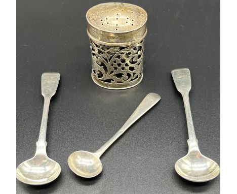 Birmingham silver pepper pot and three silver condiment ladles; Pepper pot with blue liner present is produced by S Blanckens