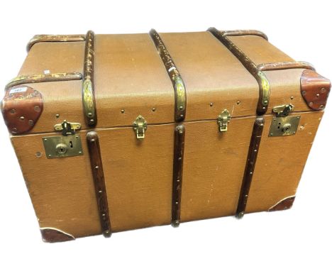 Antique steamer trunk, leather and brass bound, London maker, initials 'B.A.M.C' [54x87x56cm] 