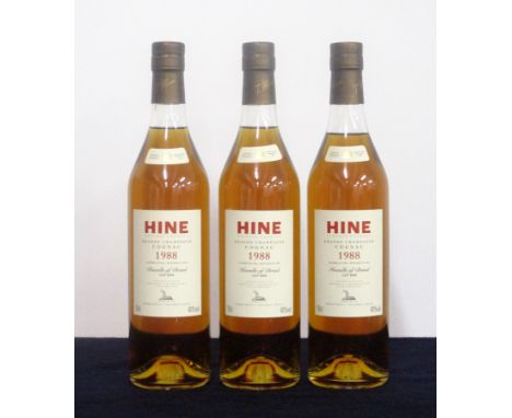 3 bts Hine Grande Champagne Cognac 1988 landed 1990 bottled 2004 Howells of Bristol