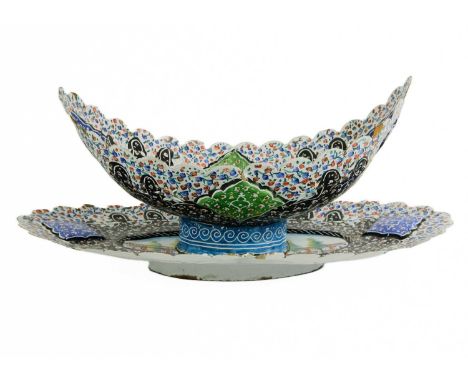 An Indian Kashmir enamel painted kashkul and tray, 20th century. Kashkul height 15.5cm, width 30cm, depth 18cm; tray height 4