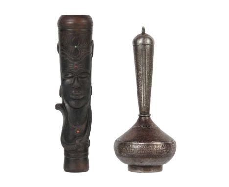 An Indian black stone Chillum pipe, early 20th century. Length 12.5cm, with an embroidered case, cased, and a bidri vase, 19t