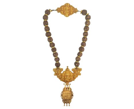 A Rudraksha gold necklace, (Gowrishankaram) Tamil Nadu, South India, 19th century.  In high-purity gold, the hinged amulet ca
