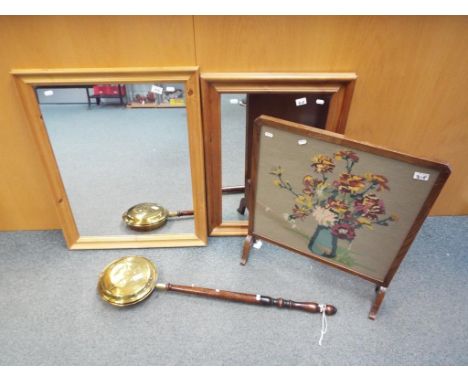 Two wood framed wall mirrors, a fire screen and a vintage bed warmer. (4) This lot MUST be paid for and collected, or deliver
