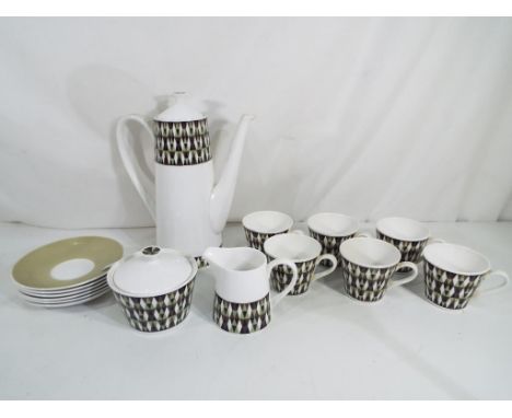 A Royal Tuscan coffee set in the Concerto pattern comprising coffee pot, coffee cans, saucers, cream jug and sugar bowl. This