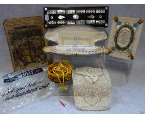 A REGENCY ROSEWOOD AND MOTHER OF PEARL INLAID CRIBBAGE BOARD, an Edwardian beaded bag and similar items