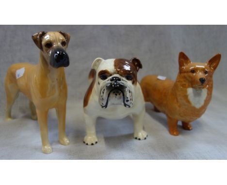 BESWICK; THREE DOGS, a Great Dane, 'Ruler of Ouborough' a Bulldog, 'Bashford British mascot" and a Corgi