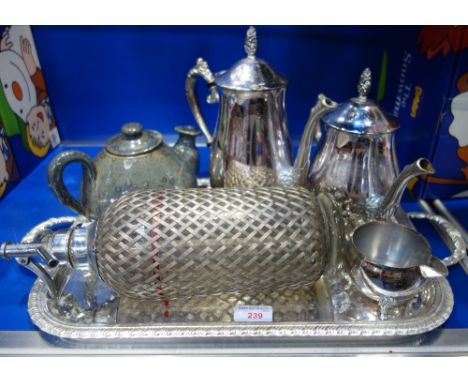 A WIRE COVERED SODA SIPHON, a silver plated tea set on tray and an Art Pottery teapot