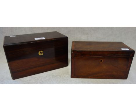 A 19TH CENTURY ROSEWOOD TEA CADDY, with mixing bowl and a similar cross-banded tea caddy (2)