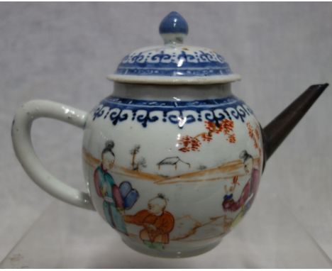 AN 18TH CENTURY CHINESE EXPORT TEAPOT with a silver plated spout, 16cm high (overall)