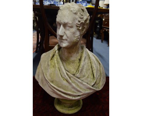 A WEATHERED 19TH CENTURY MARBLE BUST, possibly of Thomas Hopper, 75cm high with socle (note nose replaced)