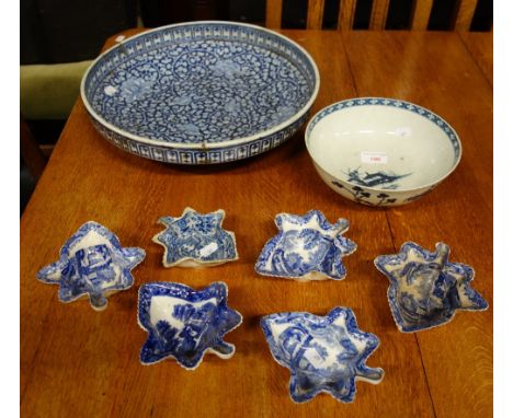 A JAPANESE BLUE PAINTED DISH (riveted), 37cm diam, a Worcester blue and white bowl, 21cm diam and a collection of leaf shaped