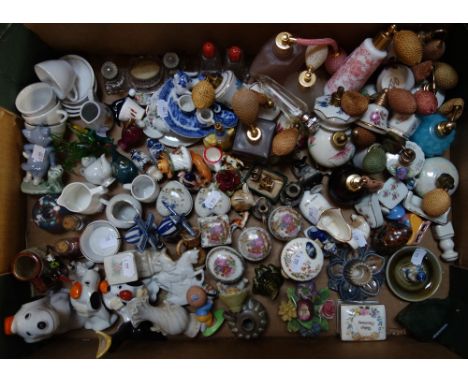 A COLLECTION OF CERAMIC and other small collectables, including Wade items and perfume bottles