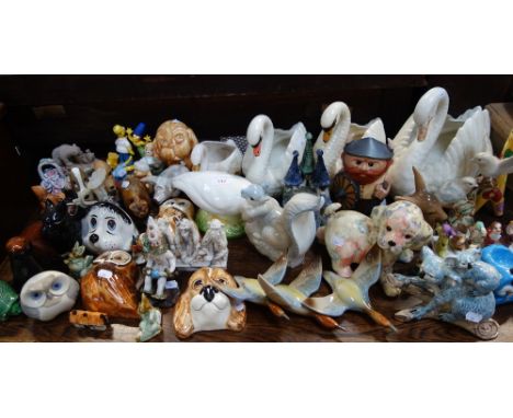 A COLLECTION OF NOVELTY CERAMIC STRING DISPENSERS, flying ducks, Devon pottery swans and other items