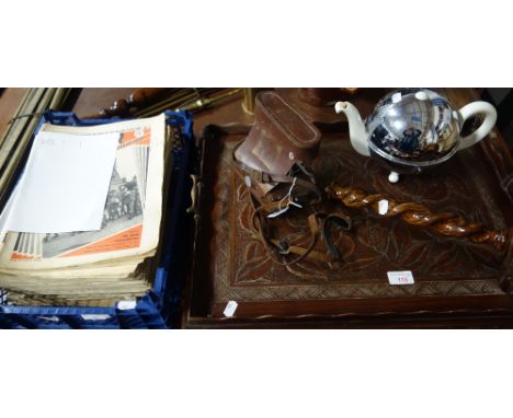 TWO EDWARDIAN CARVED WOODEN TRAYS, a keep warm chrome teapot, a Zeiss Ikon camera, wooden lamp and a collection of World War 