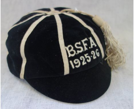 A VINTAGE VELVET SPORTING CAP, embroidered 'BSFA 1925-26' possibly 'Bristol Schools Football Association'
