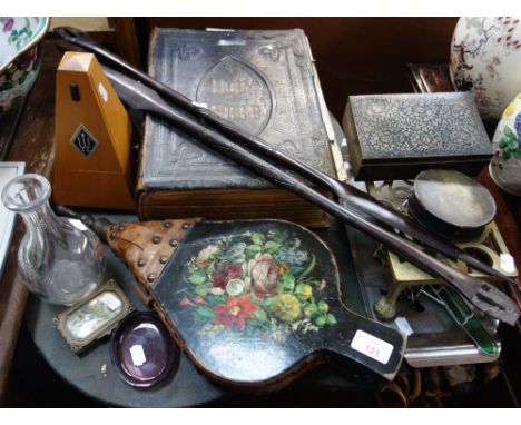 A PAIR OF VICTORIAN BELLOWS, painted with flowers, a 19th Century papier mache snuff box, a family bible and sundries