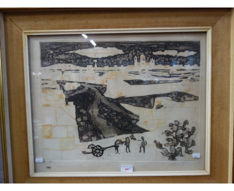 JULIAN TREVELYAN; 'QUARRIES', Artist's proof etching, from 'Malta Suite' 1959, with Bear Lane Gallery, Oxford label