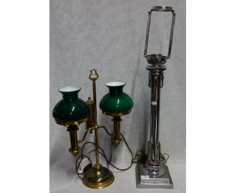 A BRASS TWO BRANCHED STUDENT'S LAMP, with green glass shades and a chrome plated pillar table lamp on stepped base, 76cm high