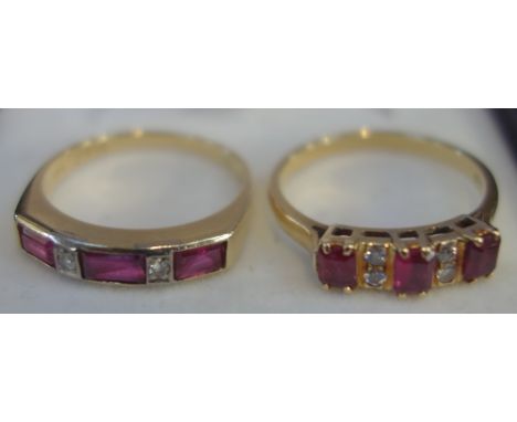 A "RUBY" AND DIAMOND RING, on an 18k yellow gold shank, ring size O and one other similar ring on a 15ct yellow gold shank, r