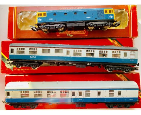 Lima HO Scale BR Blue Diesel &amp; 2x OO Gauge Hornby Coaches CONDITION REPORT: All contained in incorrect boxes.