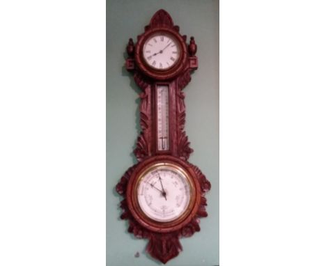 Vict. Carved Oak Combination Aneroid Barometer