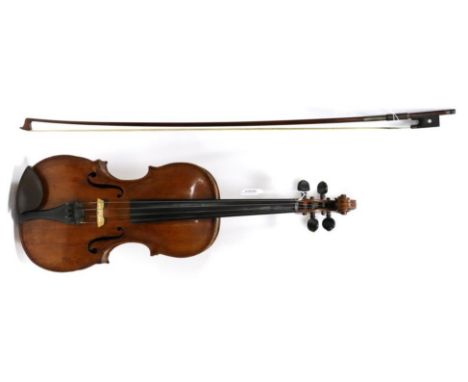 Violin 13 7/8'' one piece back, ebony fingerboard and tailpiece, no label, with bow stamped 'Otto Durrschmitt' length excludi