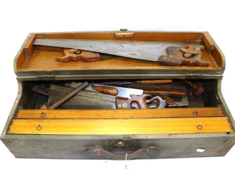 Woodworking Tool Case containing two Disston hand saws, three Tenon saws (one by Disston, one by Thomas Underwood) various ch
