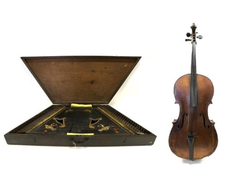 Cello 29'' two piece back, width of upper bour 13 1/2'', middle 9 3/4, lower 17'', depth of ribs 4 3/4'', cased with bow; tog