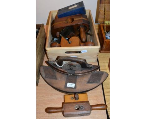 Various Woodworking Tools including circular shaves, wooden screw boxes and others