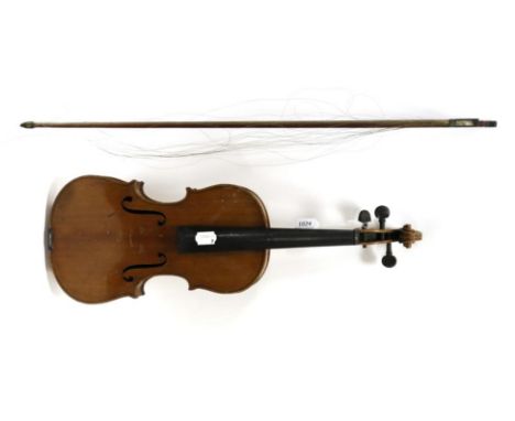 Violin 14'' two piece back, ebony fingerboard, stamped inside 'Ole Bull' also stamped under button 'Ole Bull' (cased with bow