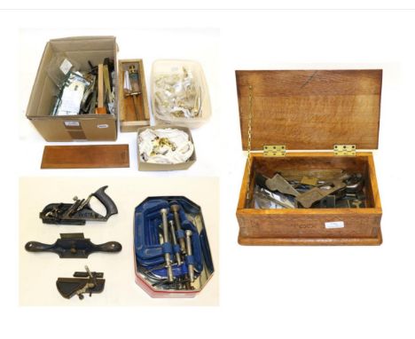 Various Woodworking Tools including Preston shoulder plane, Palm plane with James Howarth iron, various G-clamps, set squares