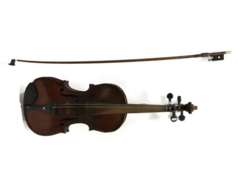 Violin 14 1/4'' one piece back, stamp on back below button 'AS', with bow stamped 'Homa DRGM 870255', cased