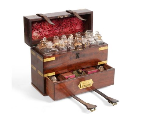Apothecary Chest with 14 glass bottles with stoppers in top layer (most with labels) and lower drawer with hand scales and we