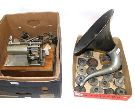 A Pathé Openwerk Phonograph c1900 with three incomplete floating reproducers, key wind spring motor, fitted in reservable bas