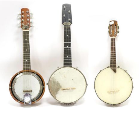 Banjolele 8'' head, 4 strings with plaque 'Down South J.T.C.-L British Manufacture' metal resonator (cased), Banjolele 10'' h