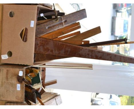 Various Woodworking Tools including set squares, circular and other scribes, rules, tape measures, spirit levels and others