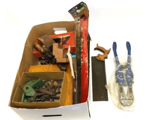 Various Tools including Record 050 Combination plane (boxed), wooden block plane, a Tenon saw and other items