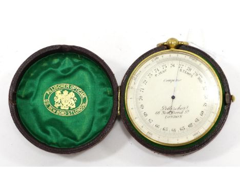 Pillschers (London) Pocket Barometer with 2 5/8'' dial calibrated 57-79 and with altitude 0-2500 meters, in manufacturers lea