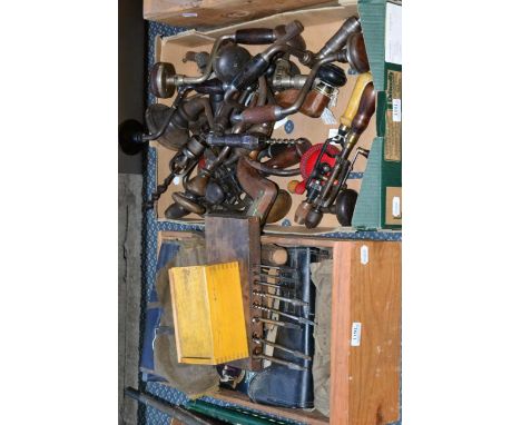 Various Woodworking Tools including a collection of hand drills, braces and various drill bits