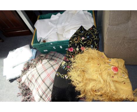 AN ORIENTAL SILK SHAWL and a collection of Vintage textiles